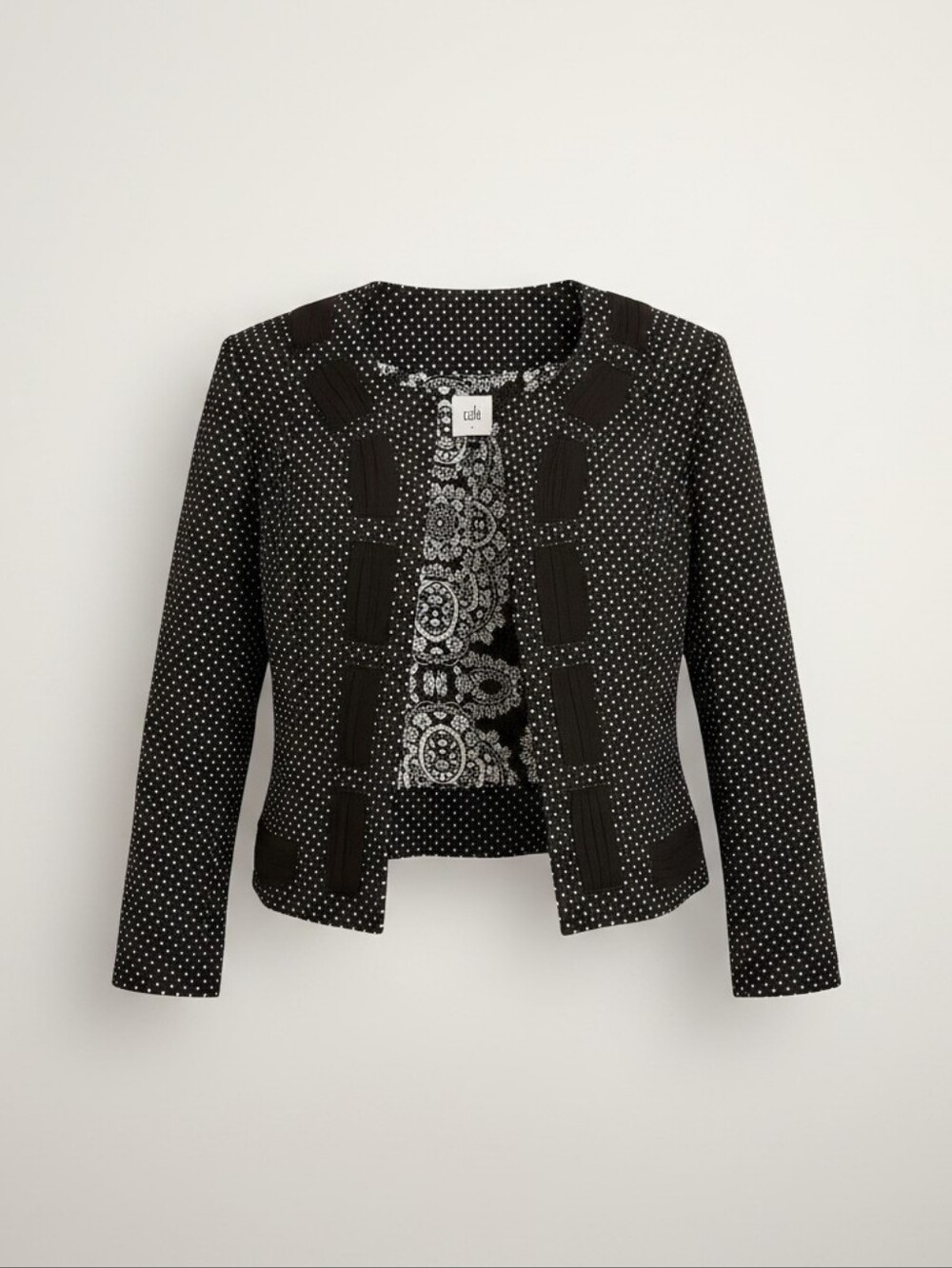 CAbi Mixed‑Print Polka Dot & Paisley Blazer – Ribbon Trim, 3/4 Sleeves Size 4